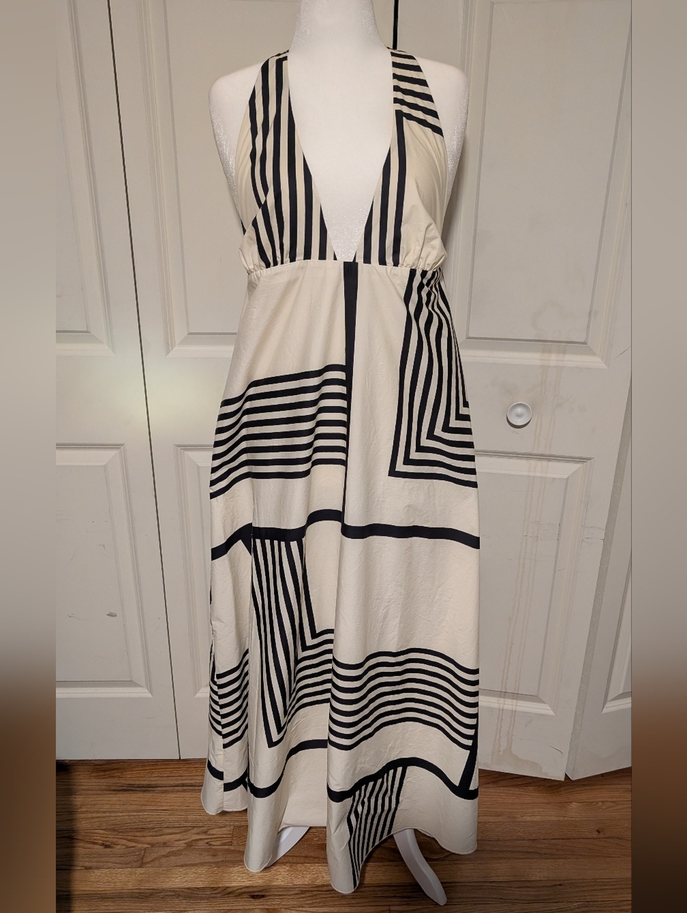 Zara Striped Cream Halter Maxi Dress with Black Graphic Lines